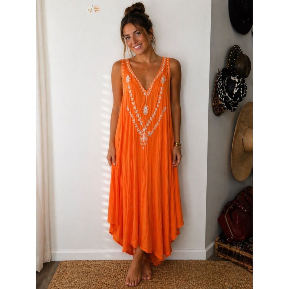 Y2K Orange Boho Embroidered High Low Midi Dress Flowy Festival Maxi Beach hippie